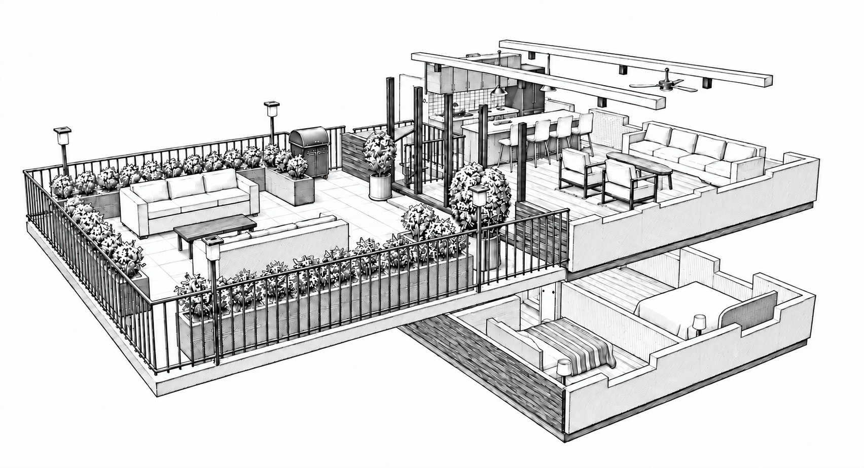 Fine-line architectural illustration following the supplied 3D model view of the terrace, upper living area and visible lower bedrooms.